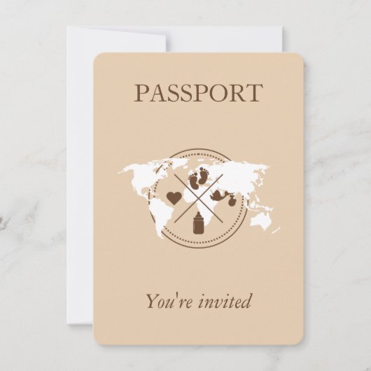 ベージュパスポート旅行女の子ベビーシャワー世界地図 招待状 (正面)