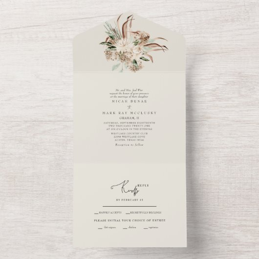 ベージュパンパスブーケ結婚のフローラをすべて1つのInvに格納 オールインワン招待状 (内側)