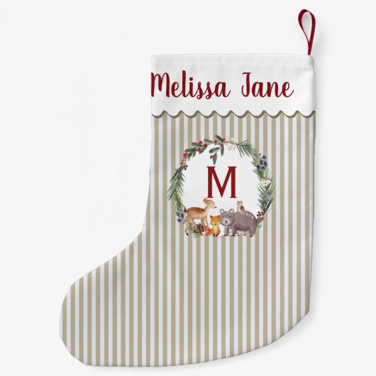 ベージュパーソナライズされたストライプの森の動物 スモールクリスマスストッキング (裏面)