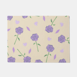 ベージュパープルバラフローラボホボタニカルパターン ドアマット