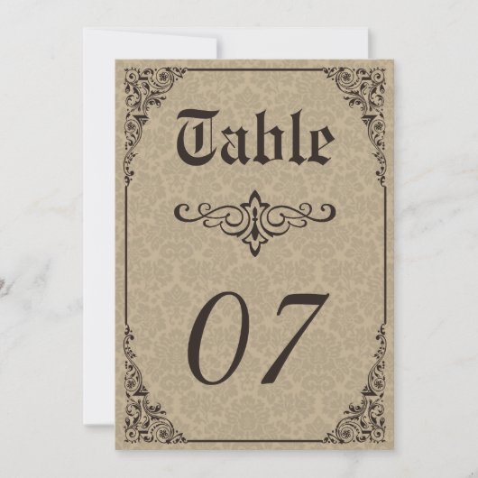 ベージュビクトリアンゴシックDamask結婚式台番号 招待状 (正面)