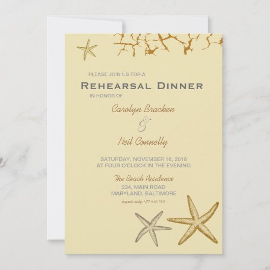 ベージュビーチをテーマにしたヒトデのリハーサルディナー 招待状 (正面)