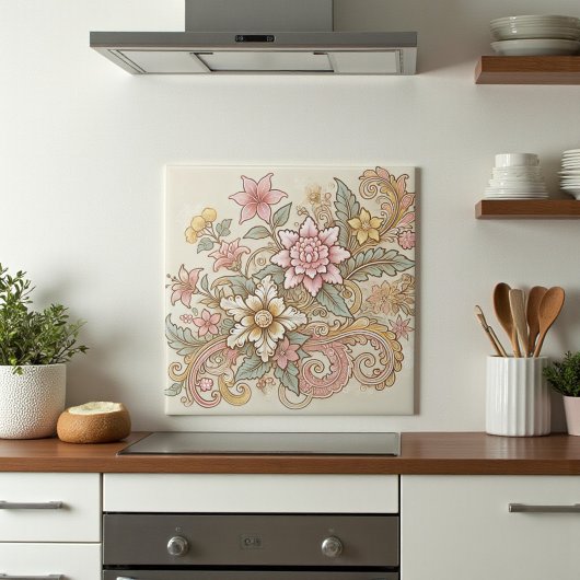 ベージュピンクイエローボホインドネシアろうけつ染め タイル