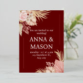 ベージュピンクウォーターカラーボホトロピカルフローラ結婚ズ 箔招待状 (立ち正面)