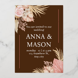 ベージュピンクウォーターカラーボホトロピカルフローラ結婚ズ 箔招待状