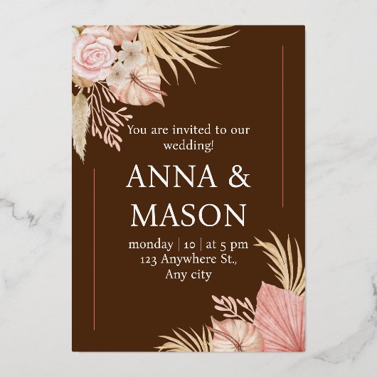 ベージュピンクウォーターカラーボホトロピカルフローラ結婚ズ 箔招待状 (正面)