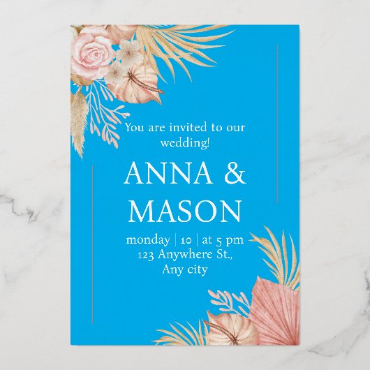 ベージュピンクウォーターカラーボホトロピカルフローラ結婚ズ 箔招待状 (正面)