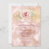 ベージュピンクフラワーマーブルグリッター誕生日パーティー 招待状 (正面)