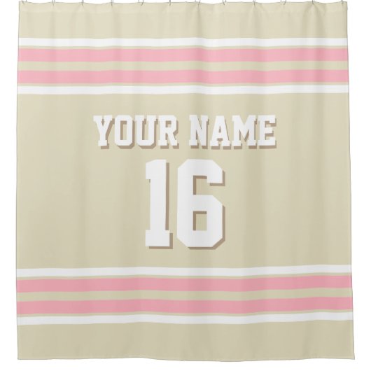 ベージュピンクホワイトストライプスポーツジャージー シャワーカーテン (正面)
