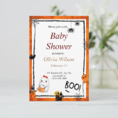 ベージュピンクボホ図解入りの、写真付きのハロウィンベビーシャワー 招待状 (スタンド正面)