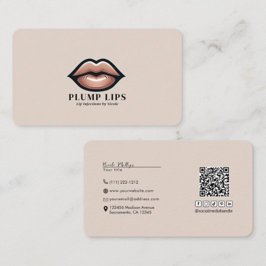 ベージュピンクリップリップリップソーシャルメディアつながりQR 名刺 (正面/裏面)