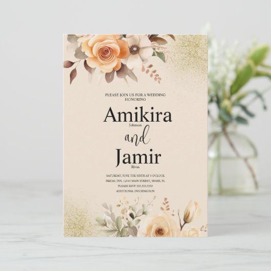 ベージュピーチドリーミーウォーターカラー結婚フローラ 招待状 (スタンド正面)