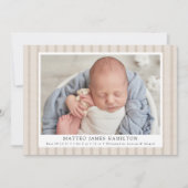 ベージュファームハウスリネンストライプズ2フォト誕生 案内状 (正面)