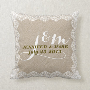 ベージュフェイクリネン&ホワイトレース結婚ズピロー クッション