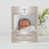 ベージュフォトフレーム宝石クロスバプテスマ長 招待状 (スタンド正面)