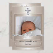 ベージュフォトフレーム宝石クロスバプテスマ長 招待状 (正面/裏面)