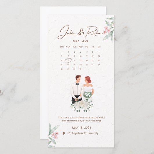 ベージュフォーマルとグリーンフローラ結婚式招待状 (正面/裏面)