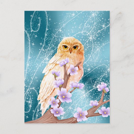 ベージュフクロウオンパープルフローラブランチマジカルスパークル ポストカード (正面)