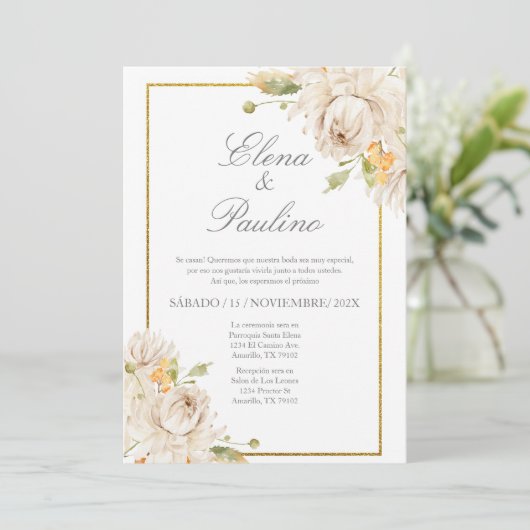ベージュフラワーエレガントウェディング招待状スペインのイン 招待状 (スタンド正面)