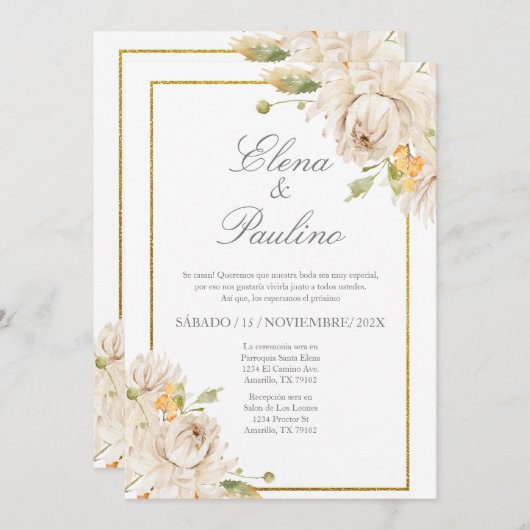 ベージュフラワーエレガントウェディング招待状スペインのイン 招待状 (正面/裏面)