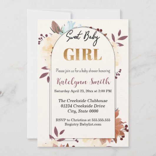 ベージュフローラエレガント甘い女の子ベビーシャワー 招待状 (正面)