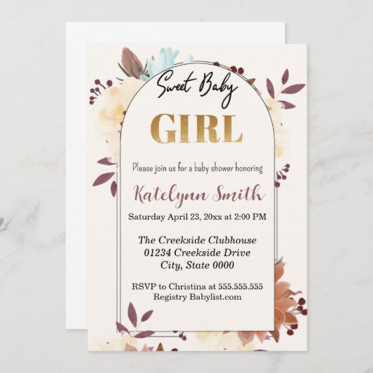 ベージュフローラエレガント甘い女の子ベビーシャワー 招待状 (正面/裏面)