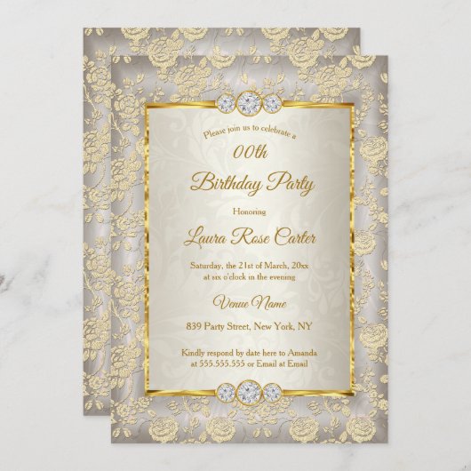 ベージュフローラダマスクバラ金ゴールド誕生日パーティー 招待状 (正面/裏面)