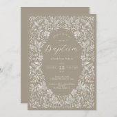 ベージュフローラバーディベビーバプテスマ招待状 招待状 (正面/裏面)