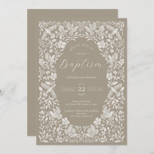 ベージュフローラバーディベビーバプテスマ招待状 招待状 (正面/裏面)