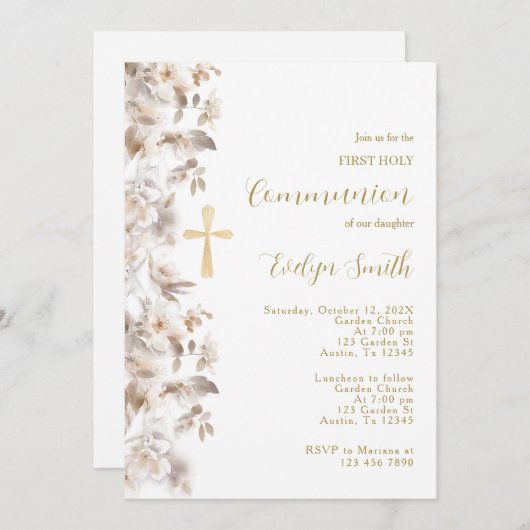 ベージュフローラファーストコミュニオン 招待状 (正面/裏面)