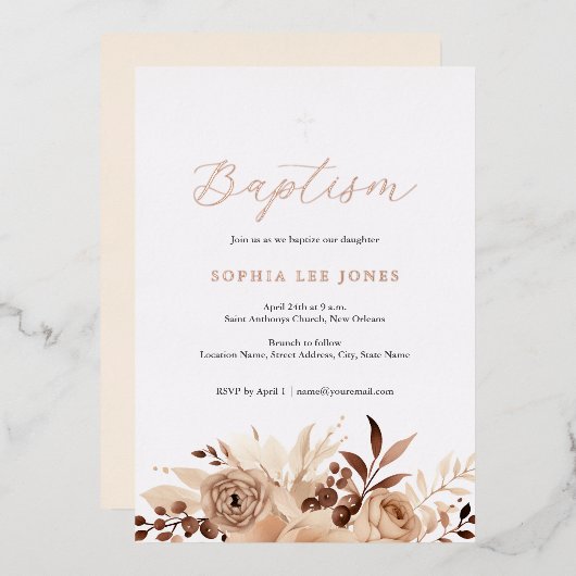 ベージュフローラボホウォーター色バプティスフォイル 箔招待状 (正面/裏面)