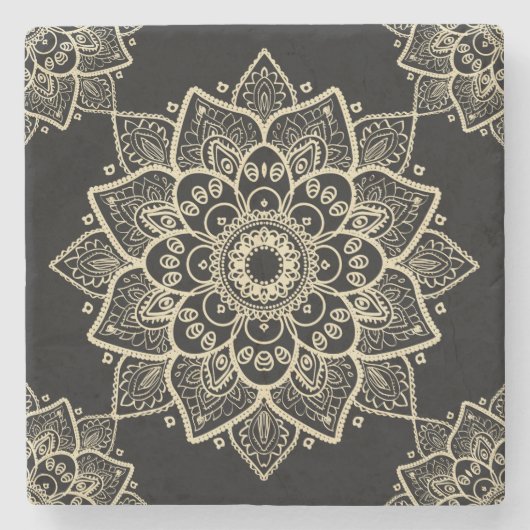 ベージュフローラマンダラ黒背景 ストーンコースター (正面)