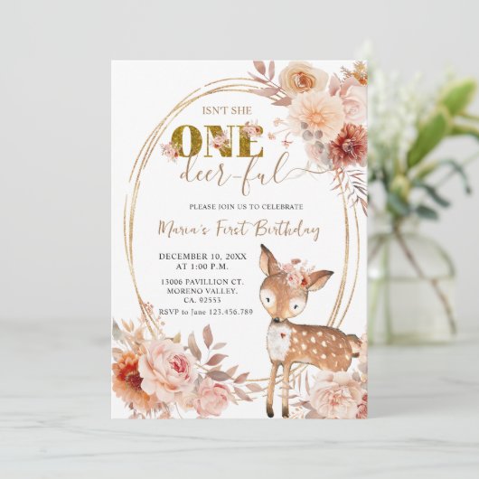 ベージュフローラワンディアフルガールファースト誕生日 招待状 (スタンド正面)