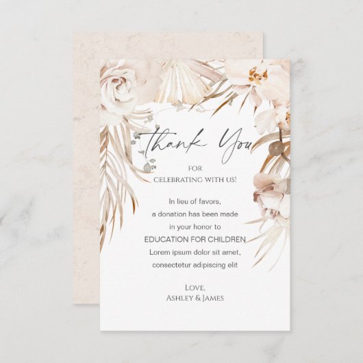 ベージュフローラ庭園の結婚式の好意の寄付カード サンキューカード (正面/裏面)