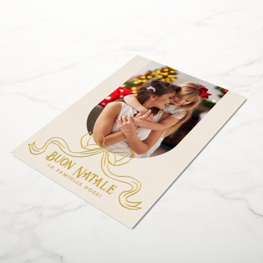 ベージュブオンナターレシンプルーモダンルCoquet Bow写真 箔シーズンカード (回転した状態)