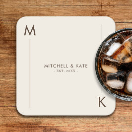 ベージュブラウンシンプルモノグラム結婚ズ スクエアペーパーコースター