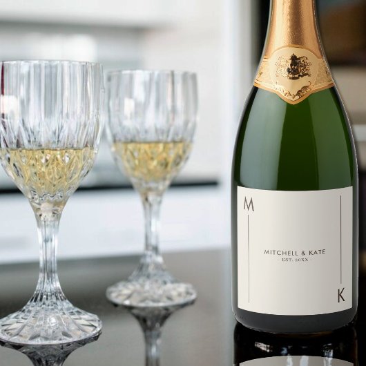 ベージュブラウンシンプルモノグラム結婚ズ スパークリングワインラベル