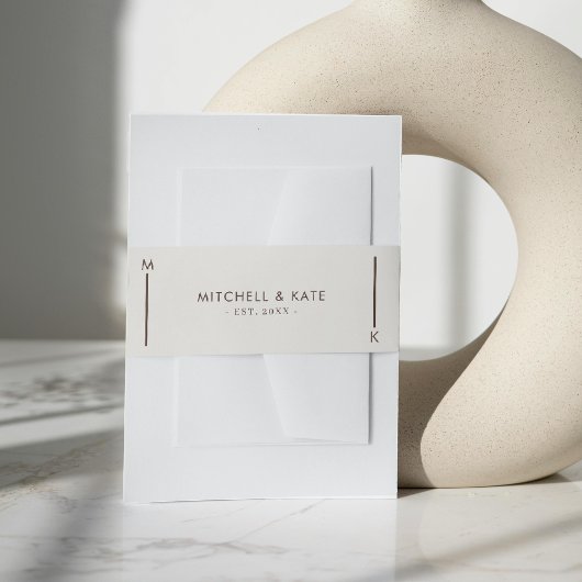 ベージュブラウンシンプルラインモノグラム結婚ズ 招待状ベリーバンド