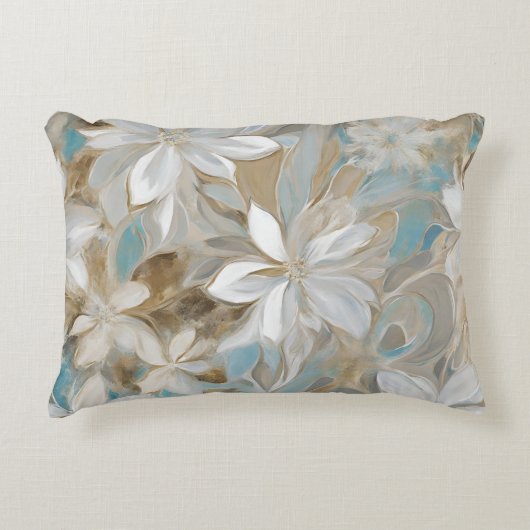 ベージュブラウンティール(緑がかった色)ブルーフローラ アクセントクッション (正面)