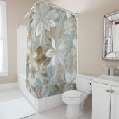 ベージュブラウンティール（緑がかった色）ブルーフローラ シャワーカーテン (インサイチュ)