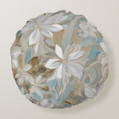 ベージュブラウンティール（緑がかった色）ブルーフローラ ラウンドクッション (裏面)