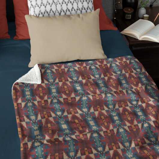 ベージュブラウンレッドティール(緑がかった色)ブルーテラコッタトライバルアート フリースブランケット