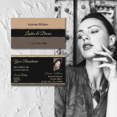 ベージュブラックとブラウンストライプのフォト付きスタイリッシュ 名刺