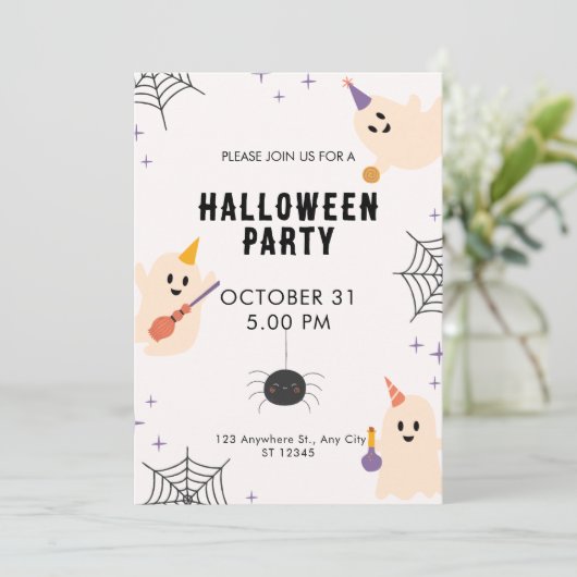 ベージュブラックオレンジよくはしゃぐ例示的ハロウィーン 招待状 (スタンド正面)