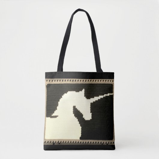 ベージュブラックユニコーンプロファイルアーティザンクロシェプリント トートバッグ (正面)