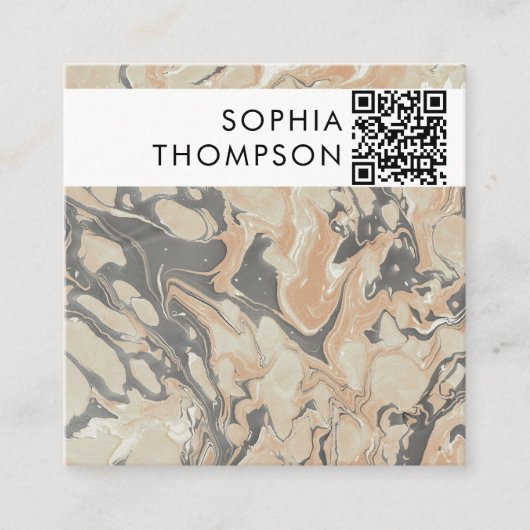 ベージュブラック大理石抽象芸術QRコードソーシャルメディア スクエア名刺 (正面)