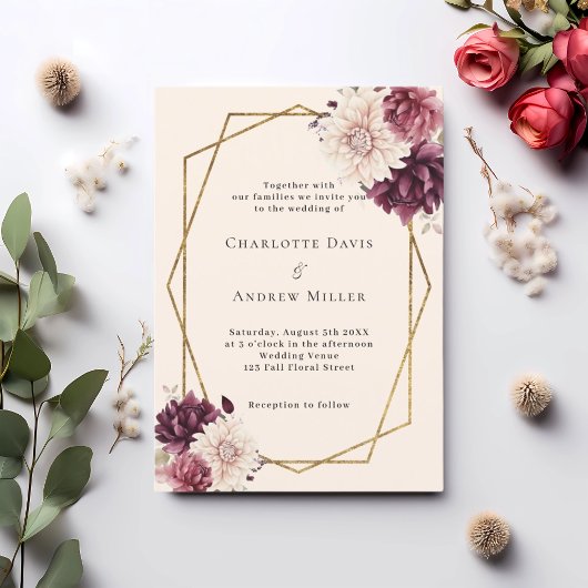 ベージュブルゴーニュアイボリー花模様幾何結婚の 招待状