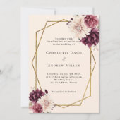 ベージュブルゴーニュアイボリー花模様幾何結婚の 招待状 (正面)