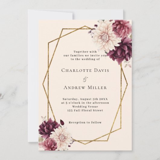 ベージュブルゴーニュアイボリー花模様幾何結婚の 招待状 (正面)