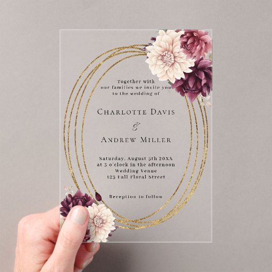 ベージュブルゴーニュアイボリー花模様澄ん金ゴールド結婚ズ アクリル招待状 (インサイチュ (ポータブル))